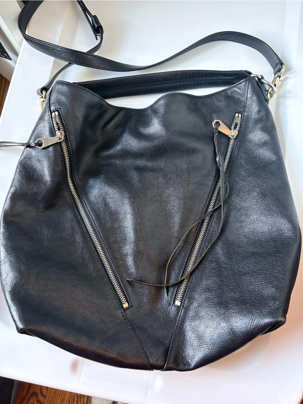 Rebecca Minkoff Black Leather Hobo with Diagonal Silver Zippers